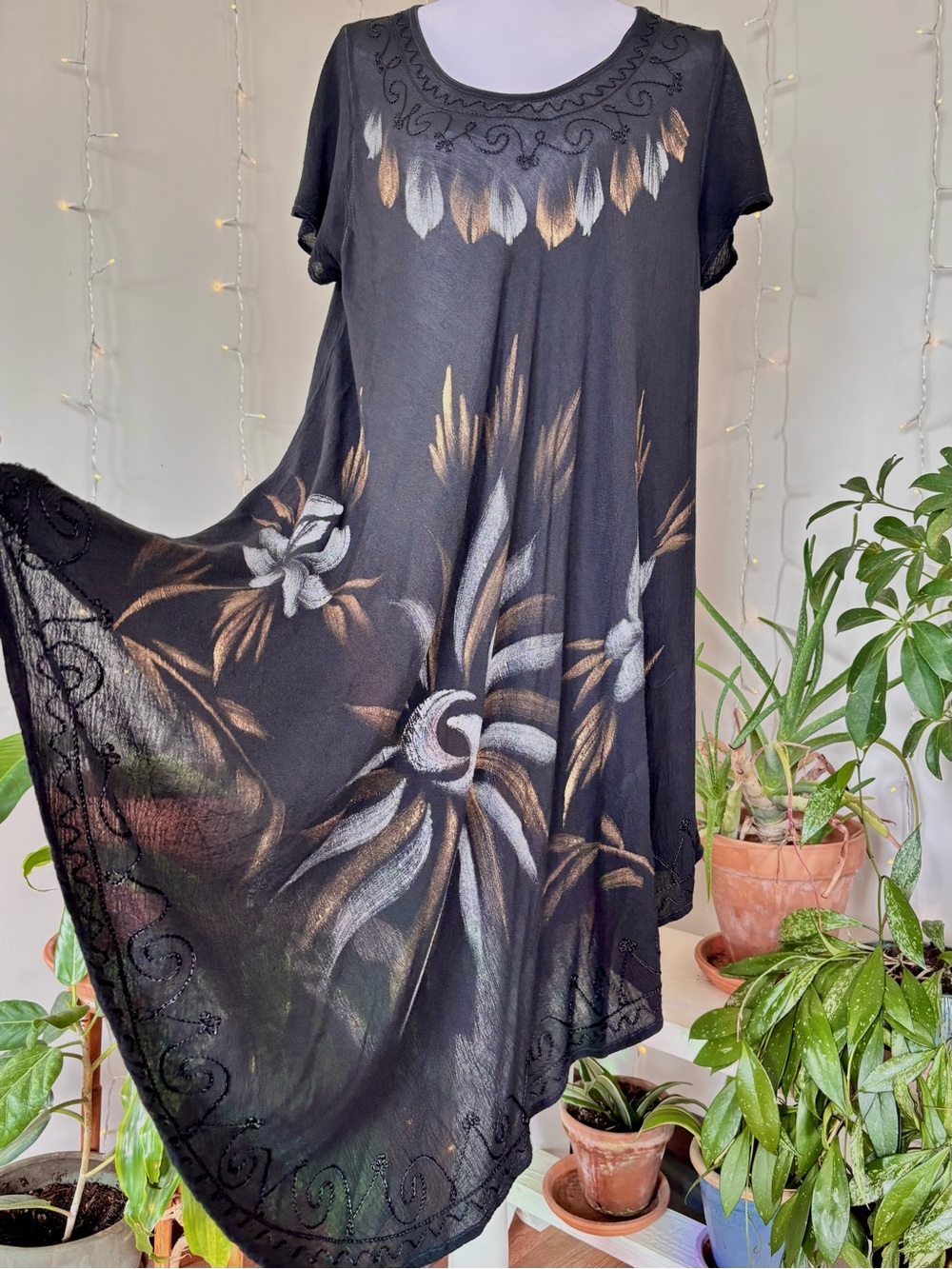 Hand-Painted Floral Asymmetrical Cotton-Viscose Dress Embroidered Hem